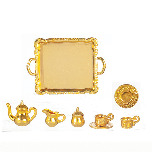 OakridgeStores.com | Aztec - Bronze Tea Set on Tray - Tea & Coffee Set - 1:12 Scale Dollhouse Miniature - B3364