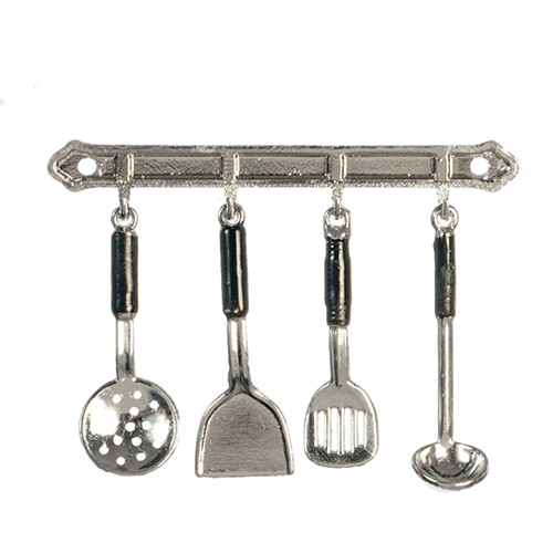 OakridgeStores.com | Aztec - Kitchen Utensils on Rack - Silver, 5 Pieces - 1:12 Scale Dollhouse Miniature - B3372