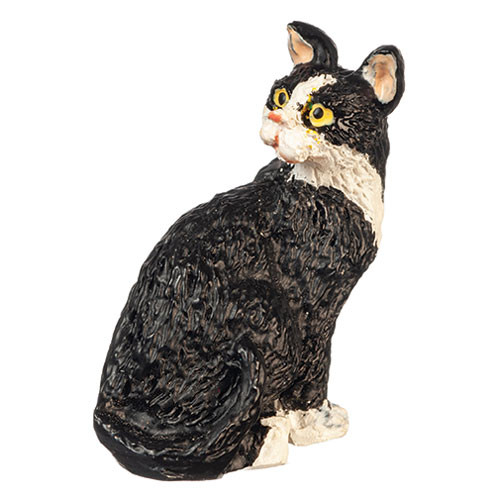 OakridgeStores.com | Aztec - Cat Looking Back Figure - Black and White - 1:12 Scale Dollhouse Miniature - E0112