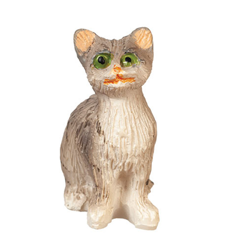 OakridgeStores.com | Aztec - Sitting Cat, Eyes Open - Gray - 1:12 Scale Dollhouse Miniature Figure - E0210
