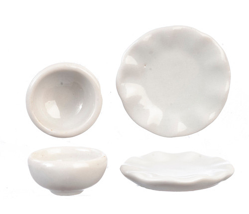 OakridgeStores.com | Aztec - White Plates and Bowls - Set of 4 - 1 Scale Dollhouse Miniature - G7716