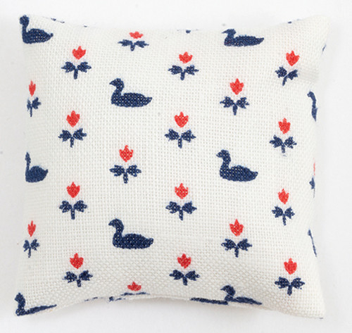 OakridgeStores.com | Barbara Obrien - Pillow - White with Navy Blue Ducks - 1:12 Scale Dollhouse Miniature - 80024 731851800241
