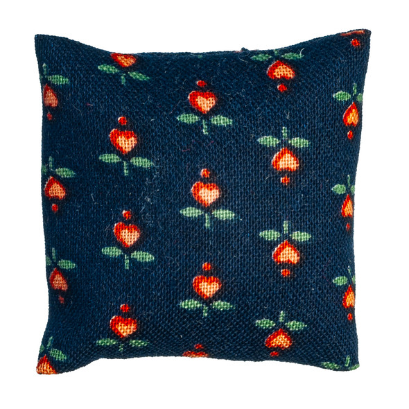 OakridgeStores.com | Barbara Obrien - BB - Pillow - Navy with Pink Heart Flowers - 1" Scale Dollhouse Miniature - 80030 731851800302