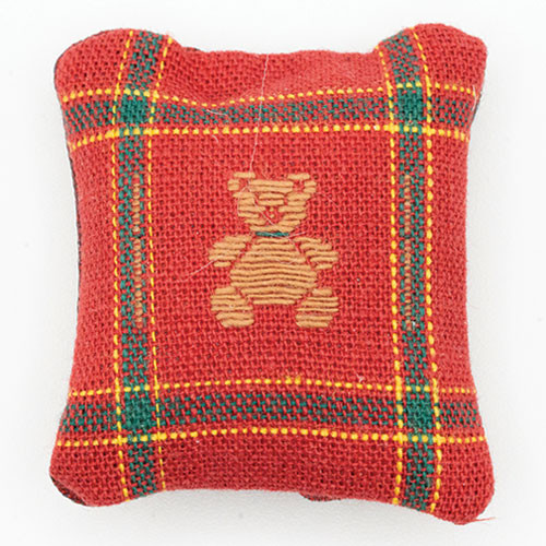 OakridgeStores.com | Barbara Obrien - Pillow - Red Plaid with Teddy Bear - 1:12 Scale Dollhouse Miniature - 80035 731851800357