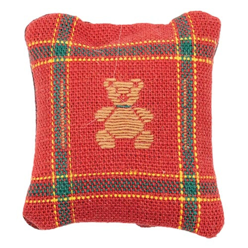 OakridgeStores.com | Barbara Obrien - Pillow - Red Plaid with Teddy Bear - 1:12 Scale Dollhouse Miniature - 80035 731851800357
