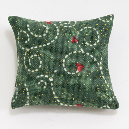 OakridgeStores.com | Barbara Obrien - Pillow - Green Christmas Hearts Pattern - Bedroom Accessory - 1" Scale Dollhouse Miniature - 80042 731851800425