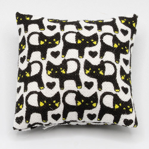 OakridgeStores.com | Barbara Obrien - Pillow - White with Black Cats - 1" Scale Dollhouse Miniature - 80046