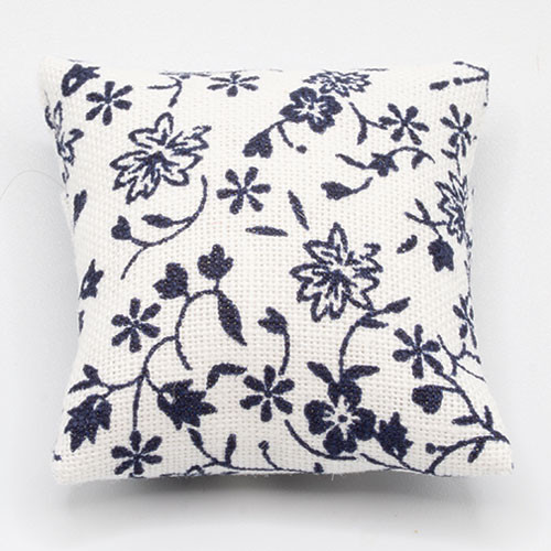 OakridgeStores.com | Barbara Obrien - Pillow - White with Blue Vines and Flowers - 1" Scale Dollhouse Miniature - 80047