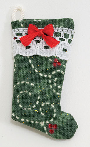 OakridgeStores.com | Barbara Obrien - Stocking - Green Christmas Hearts with Lace and Bow - 1" Scale Dollhouse Miniature - 90017 731851900170