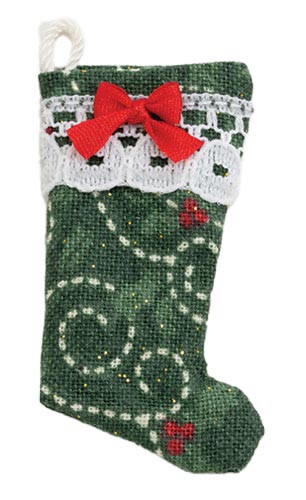 OakridgeStores.com | Barbara Obrien - Stocking - Green Christmas Hearts with Lace and Bow - 1" Scale Dollhouse Miniature - 90017 731851900170