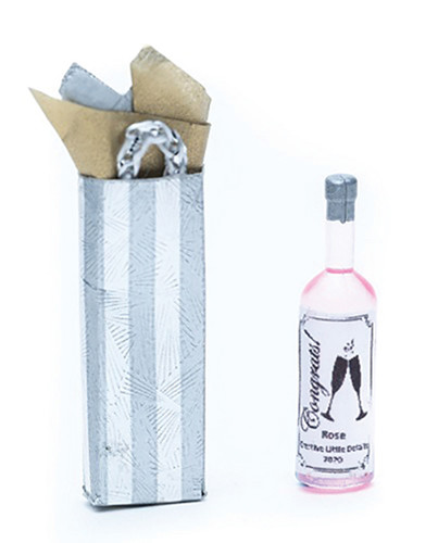OakridgeStores.com | Creative Little Details - Wedding Wine Gift - Wine Bottle with Gift Bag - 1:12 Scale Dollhouse Miniature - 703