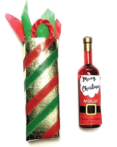 OakridgeStores.com | Creative Little Details - Christmas Wine Gift - Wine Bottle with Gift Bag - 1:12 Scale Dollhouse Miniature - 704