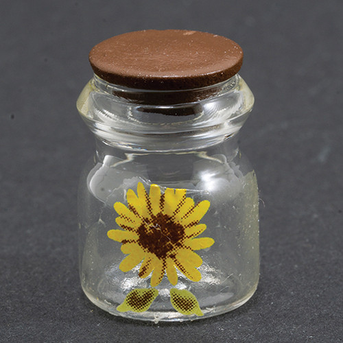 OakridgeStores.com | International Miniatures - Glass Jar with Sunflower Decal, Dark Walnut Brown Lid - 1:12 Scale Dollhouse Miniature - 65719 731851657197