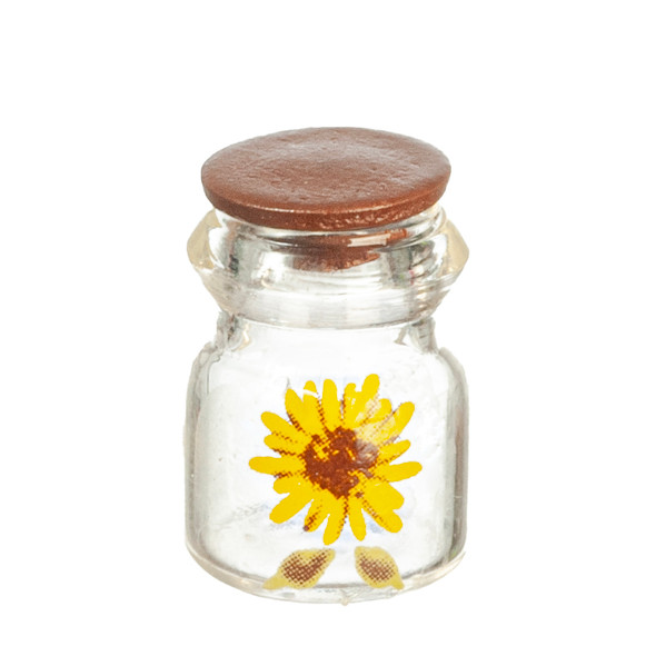 OakridgeStores.com | International Miniatures - Glass Jar with Sunflower Decal, Dark Walnut Brown Lid - 1:12 Scale Dollhouse Miniature - 65719 731851657197