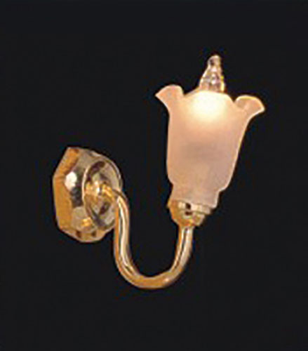 OakridgeStores.com | Miniature House - LED Battery Wall Sconce w/ Canted White Tulip Shade, Brass, Wand - 1" Scale Dollhouse Miniature Light - 52013 783970520135
