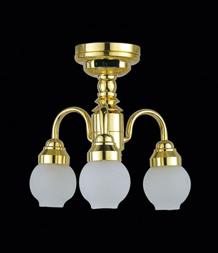 OakridgeStores.com | Miniature House - LED Battery 3-Arm Frosted Globe Brass Chandelier w/ Wand, CR1632, 3 Volt - 1:12 Scale Dollhouse Miniature - 56013 783970560131
