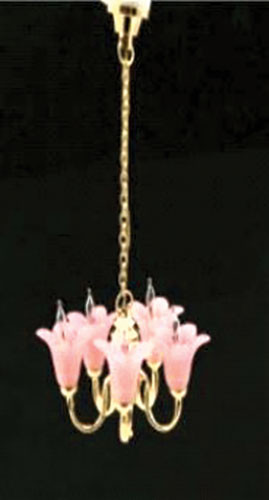OakridgeStores.com | Miniature House - LED Battery 5-Arm Tulip Pink Shade Chandelier w/ Wand, CR1632, 3 Volt - 1:12 Scale Dollhouse Miniature - 56023 783970560230