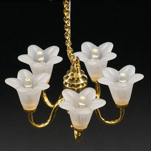 OakridgeStores.com | Miniature House - LED Battery 5-Arm Tulip White Shade Chandelier w/ Wand, CR1632, 3 Volt - 1:12 Scale Dollhouse Miniature - 56024 783970560247