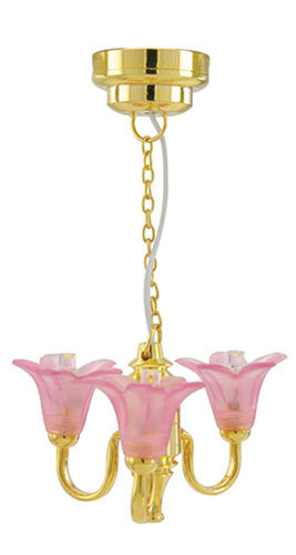 OakridgeStores.com | Miniature House - LED Battery 3 Up Tulip Pink Shade Chandelier w/ Wand - 1:12 Scale Dollhouse Miniature Light - 56069 783970560698