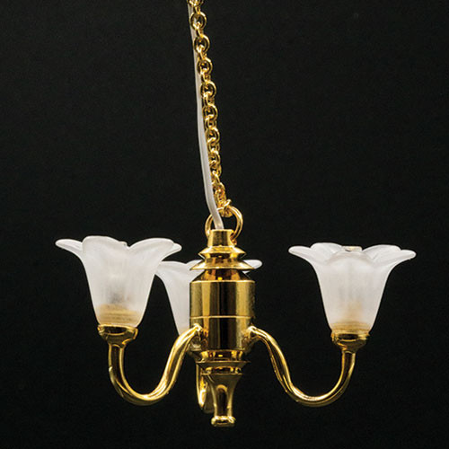 OakridgeStores.com | Miniature House - LED Battery 3 Up Tulip White Shade Chandelier w/ Wand - 1:12 Scale Dollhouse Miniature Light - 56070 783970560704