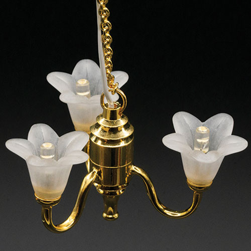 OakridgeStores.com | Miniature House - LED Battery 3 Up Tulip White Shade Chandelier w/ Wand - 1:12 Scale Dollhouse Miniature Light - 56070 783970560704