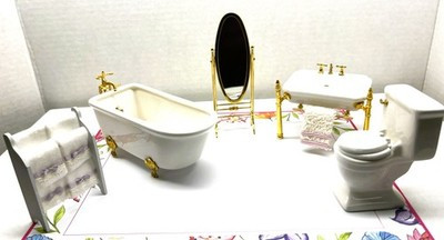 RESALE SHOP - VTG 1:12 Dollhouse 5 pc Porcelain Bathroom Set - BABE-BATHROOM-LN5531
