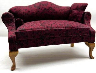 RESALE SHOP - Handmade 1:12 Traditional Sofa in Burgundy and Black Patterned Fabric - BABE-SOFA-LN5534