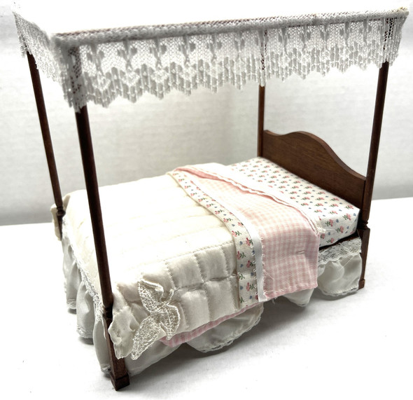 RESALE SHOP - OOAK Dollhouse 1:12 Dressed Walnut Double Canopy Bed - BOST-CANOPYBED-LN5528