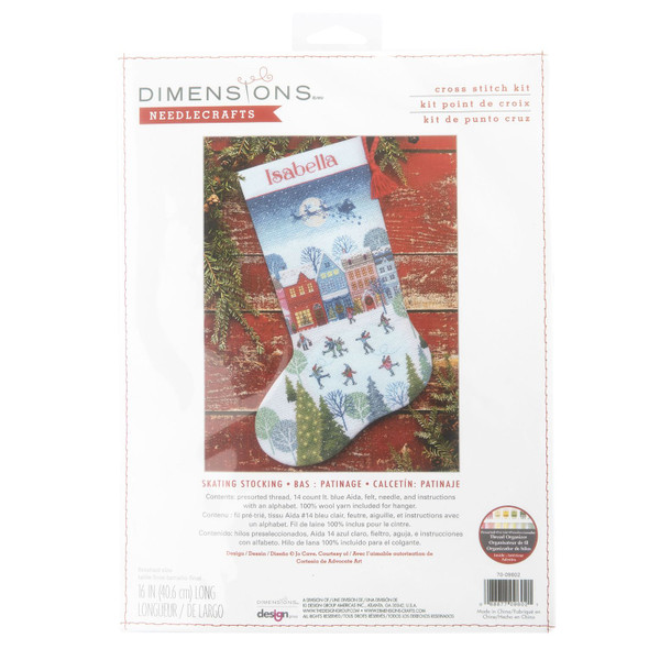 OakridgeStores.com | Dimensions - Skating Stocking - Wintry Village with Ice Skaters & Santa's Sleigh - Counted Cross Stitch Kit, 14 Count, 16 inches - 70-09602 088677096021