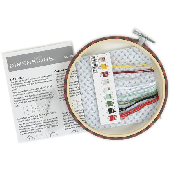 OakridgeStores.com | Dimensions - Red Truck Gnomes - Learn-A-Craft Counted Cross Stitch Kit - 14 Count, 6 Inch Round - 72-09006 088677090067