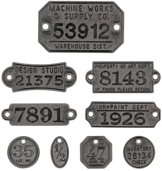 OakridgeStores.com | Tim Holtz - Advantus - Idea-ology Metal Factory Tags - 9/Pkg Embellishments - TH94039 040861940398