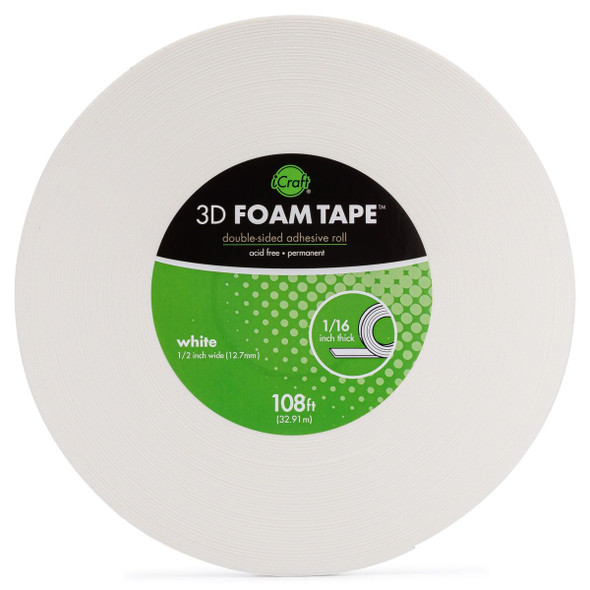 OakridgeStores.com | iCraft - White 3D Foam Tape Jumbo Roll - 0.5in x 108ft x 1/16in, Double-Sided, Acid Free - 5607 000943056072