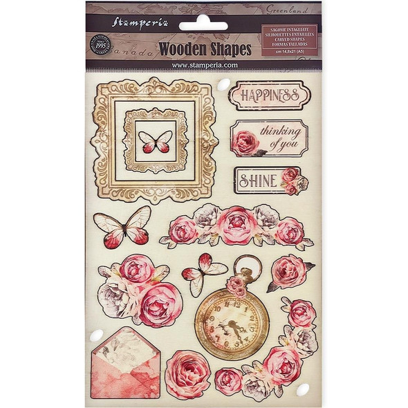 OakridgeStores.com | Stamperia Intl - Shabby Rose - Colored Wooden Shapes Embellishments A5 - KLSP161