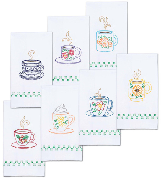 OakridgeStores.com | Jack Dempsey - Coffee Cups - Stamped Cross Stitch Decorative Hand Towels 17 x 28 inches, 7 Pack - 340423 013155594232