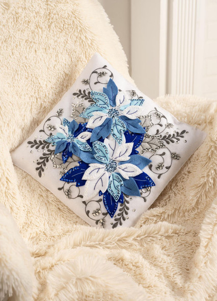 OakridgeStores.com | Bucilla - Winter Blue Poinsettia - Felt Pillow Applique Kit - 12 inches Square - 89764E 046109897646