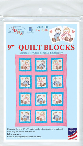 OakridgeStores.com | Jack Dempsey - Rag Dolls - Themed Stamped White Quilt Blocks 9 x 9, 12/Pkg - 733-436 013155484366