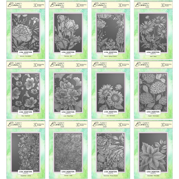 OakridgeStores.com | Lisa Horton Crafts - A Year In Bloom - 2026 - 3D Embossing Folder Set, Limited Edition (12 Folders) - LHCEF291 780627350695