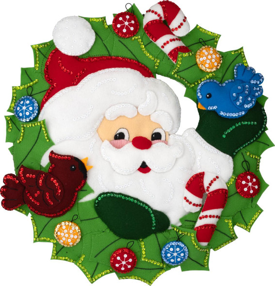 OakridgeStores.com | Bucilla - Santa's Winter Birds - Wreath with Santa & Birds - Felt Applique Kit, 17 x 18 inches - 89806E 046109898063