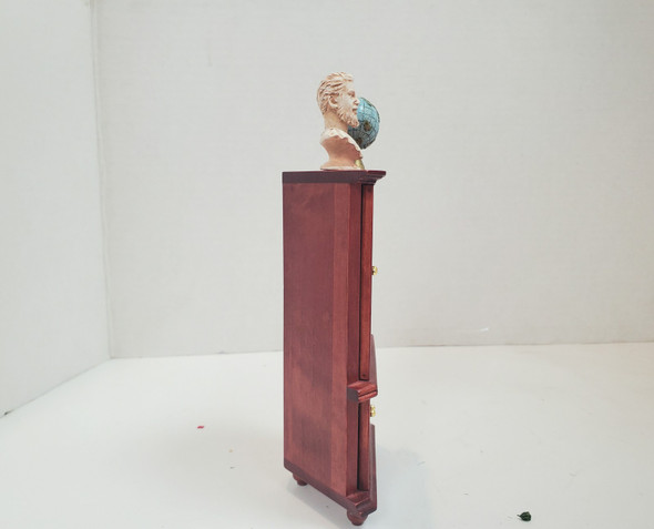 RESALE SHOP - VTG 1:12 Wooden Mahogany Corner Cabinet with Globe and Bust of Ancient Man - LEDR-CRNRCCAB-NS6232