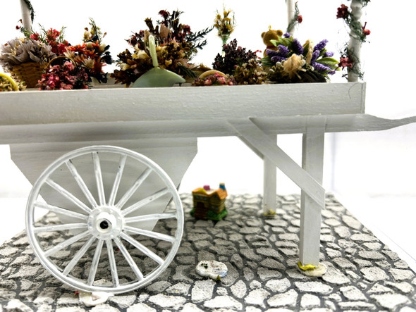 RESALE SHOP - Artisan-created 1:12 White Flowercart with Canopy on Cobblestone Street (READ) - BABE-FLOWERCART-NOB7161