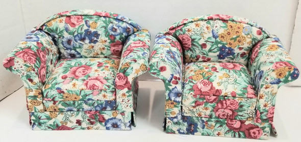 RESALE SHOP - Two Overstuffed Armchairs 1:12 English Regency style with floral chintz fabric - BOST-2REGENCY-LN7261