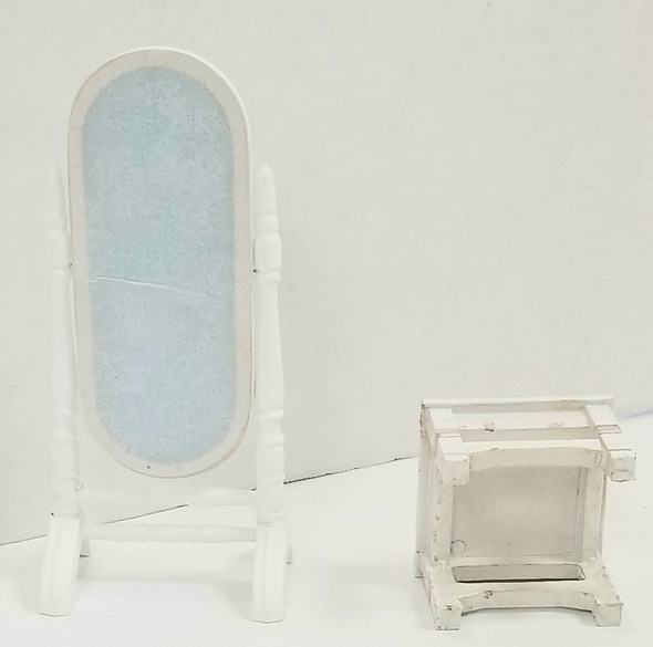 RESALE SHOP - white wooden floor tilting oval mirror and Lundby miniature white table 1:12 - BOST-MIRRSTL-LN7307