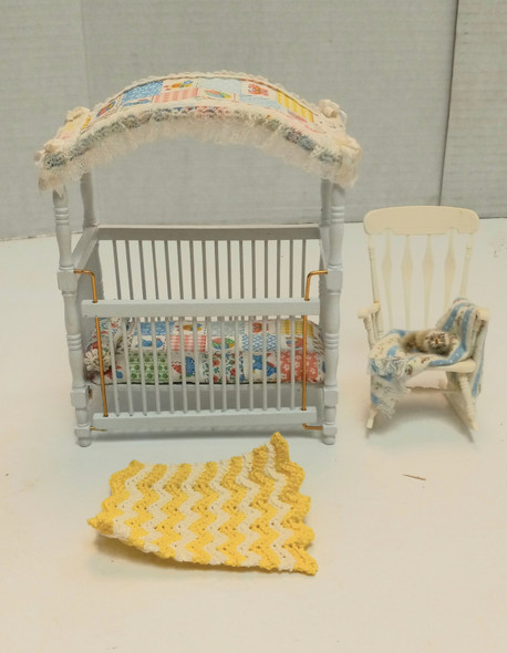 RESALE SHOP - Dollhouse 1:12 Canopy Crib and White Rocker with Throw and Fuzzy Cat - DASI-NURSERYSET-LN7183