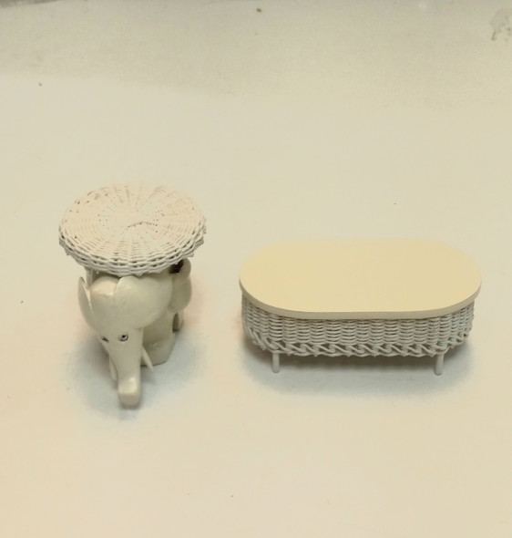 RESALE SHOP - VTG 1:12 Artisan Lee McCurley Elephant White Wicker Plant Stand / Coffee Tables - DASI-WHITETABLESET-NS7181