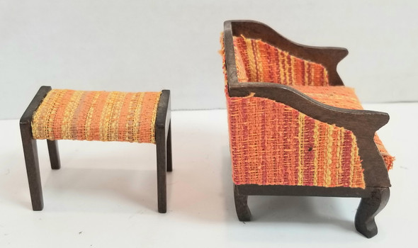 RESALE SHOP - Dollhouse Arm Chair With Fabric Stool 1" Orange/ Yellow Fabrics - RUMA-CHRSTL-LN7235