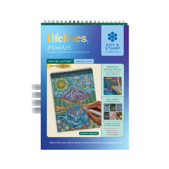 OakridgeStores.com | Lifelines - FlowArt: Dot-by-Letter, Majestic Earth (Metallic) - Guided Dot Art Pad w/ Metallic Markers - 16-3300 810076214863