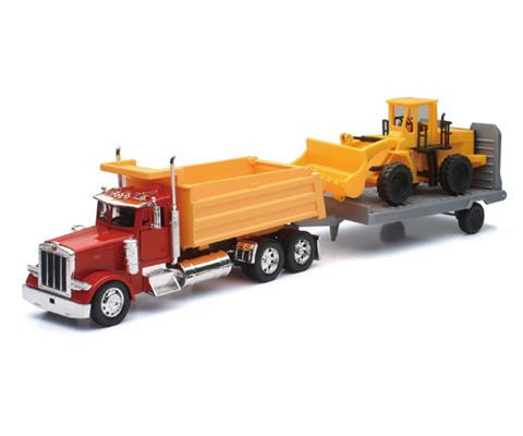 OakridgeStores.com | NEWRAY - 1/32 - Peterbilt Dump Truck with Wheel Loader & Flatbed Trailer - Diecast Model Set - SS-10673 093577106732