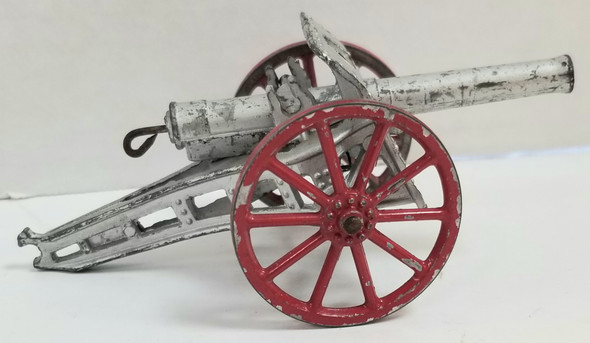 OakridgeStores.com | RESALE SHOP - VTG Barclay Manoil Spring Loaded Military Canon with Wheeled Base Artillery Lead - LRBR-CANNON3-U7589