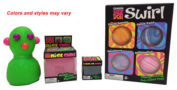 NeeDoh Panic Pete Bundle - Needoh Panic Pete, Nice Cube, Nice Ice Baby Cube, Teenie Swirl 4 Pack (Assorted Styles & Colors)