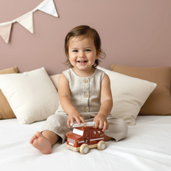 OakridgeStores.com | Speedy Monkey - Fire Truck - Wooden Vehicle Toy for Ages 2+ - SP1056 850074240211